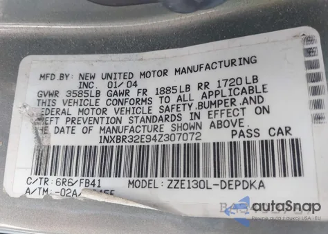 2004 Toyota Corolla Ce из США, поврежденный, VIN 1NXBR32E94Z307072